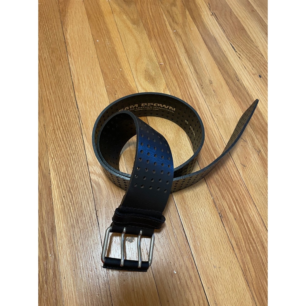 Sam Brown Genuine Leather Perforated Black Belt Size 85 Double Prong Wide Belt